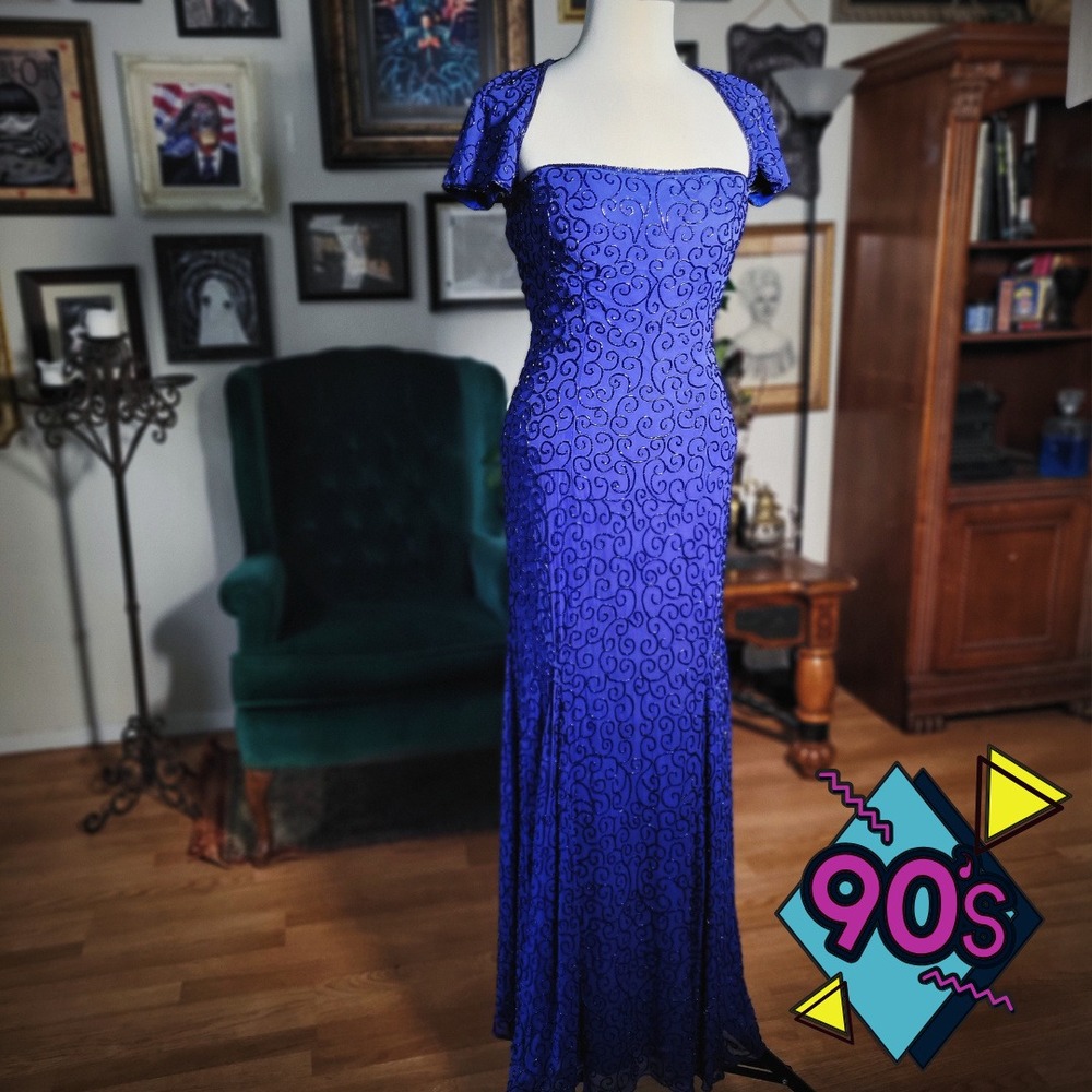 Sean Collection Gown Vintage 90s Blue Beaded Sequin Mermaid Maxi Dress Formal S